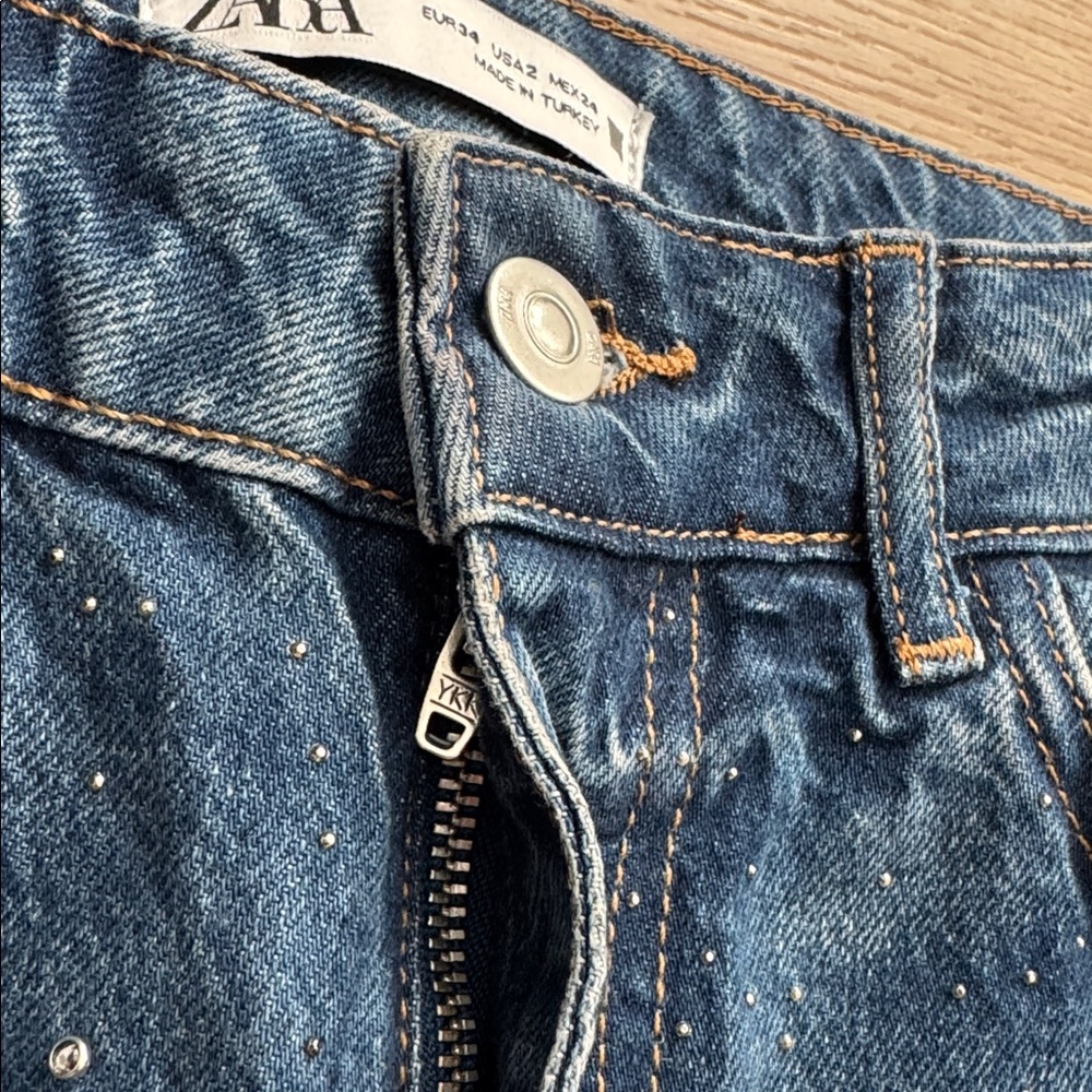 Zara - Rhinestone High Rise Straight Leg Jeans - Picture 7 of 10
